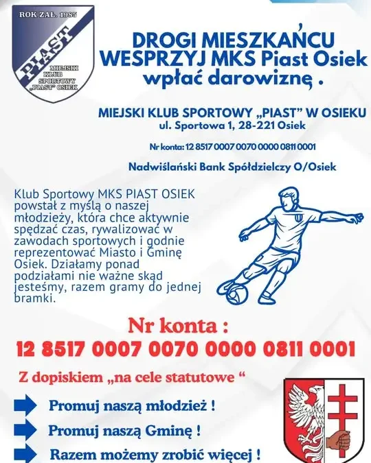 MKS Piast Osiek ogłasza nabór młodych piłkarzy na nowy sezon