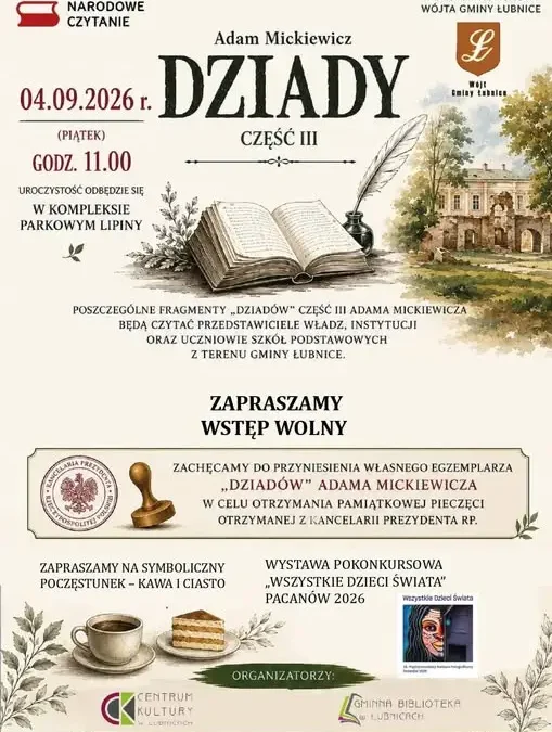 Narodowe Czytanie „Dziadów” w Gminie Łubnice – zaproszenie dla mieszkańców i gości