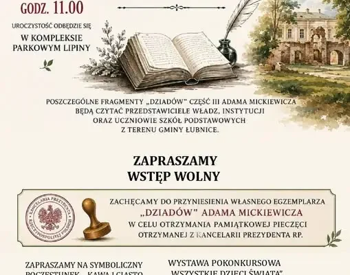 Narodowe Czytanie 2026 w Łubnicach: „Dziady” cz. III w parku Lipiny