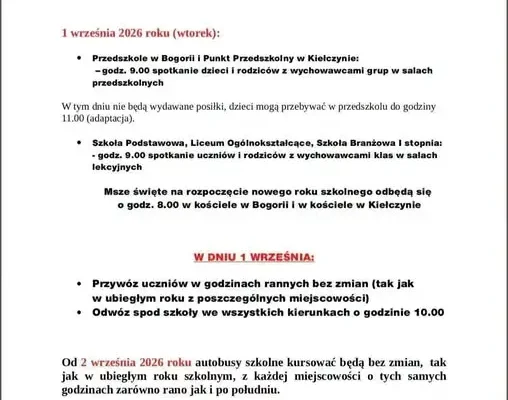 Rozpoczęcie roku szkolnego 2026/2027 w Bogorii i Kielczynie – harmonogram