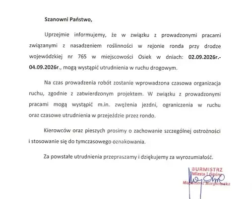 Utrudnienia na rondzie w Osieku – nasadzenia roślinności