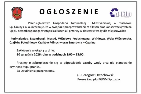 Przerwy w dostawie wody w gminie Staszów – 10 września