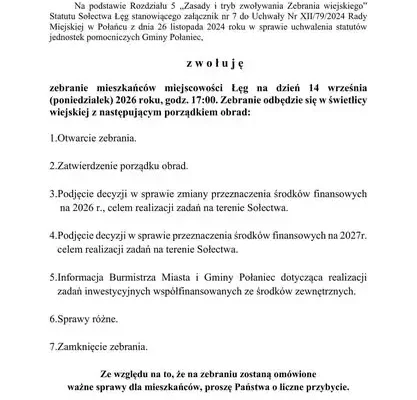 Zebranie wiejskie w Łęgu – mieszkańcy zdecydują o funduszach sołeckich