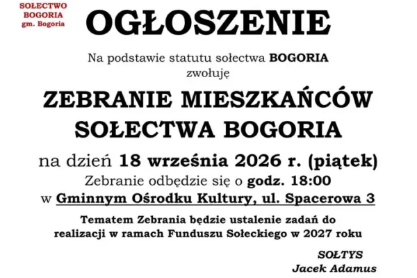 Zebranie sołeckie w Bogorii – mieszkańcy zdecydują o Funduszu Sołeckim na 2027 rok