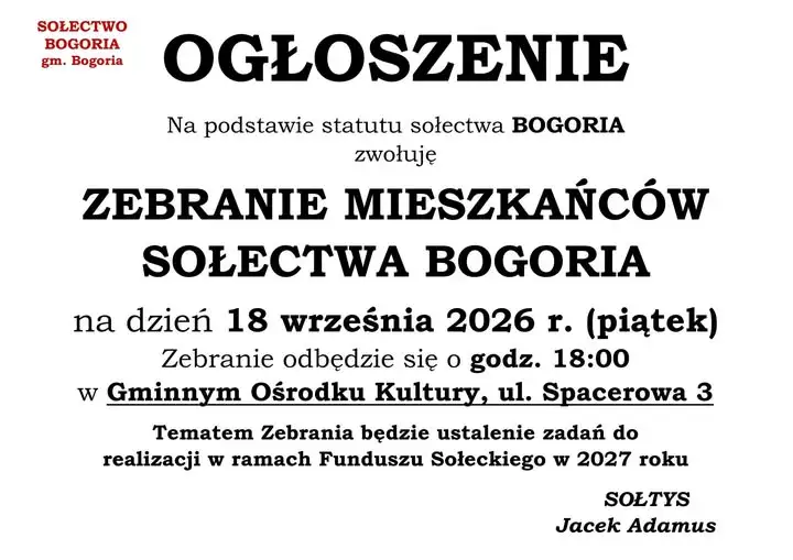 Zebranie sołeckie w Bogorii – mieszkańcy zdecydują o Funduszu Sołeckim na 2027 rok