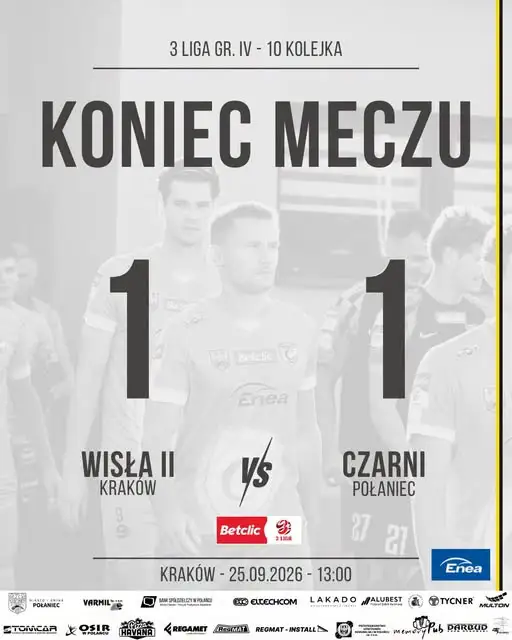 Czarni Połaniec remisują z Wisłą II Kraków w 10. kolejce III ligi