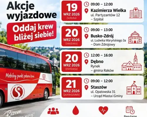 21 września 2026 – mobilne punkty poboru krwi w Staszowie i regionie. Zbiórka OSP Staszów