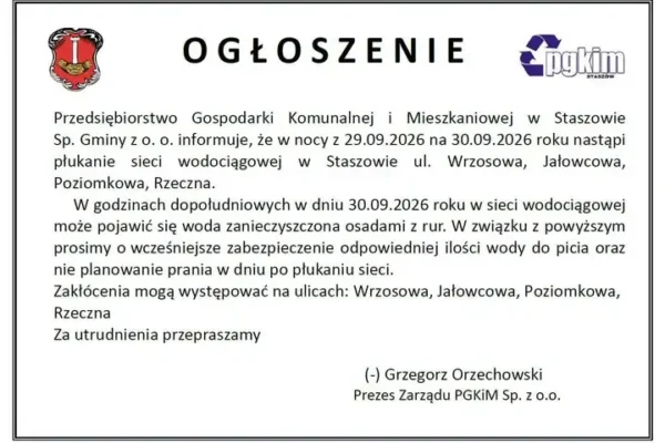 Płukanie sieci wodociągowej w Staszowie – utrudnienia na czterech ulicach