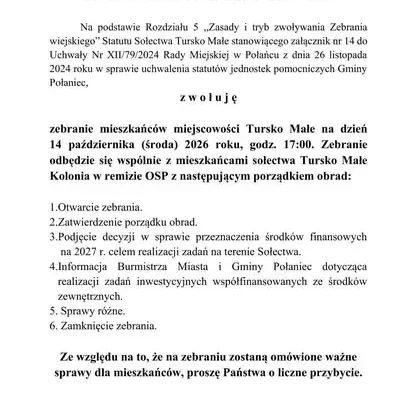 Zebranie wiejskie w Tursku Małym – 14 października 2026