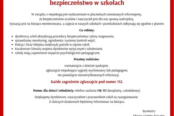 Bezpieczeństwo w szkołach i przedszkolach w gminie Staszów – komunikat burmistrza