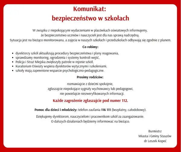 Bezpieczeństwo w szkołach i przedszkolach w gminie Staszów – komunikat burmistrza