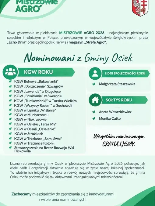 Gmina Osiek z licznymi nominacjami w plebiscycie sołeckim i rolniczym