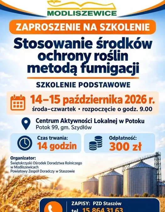 Szkolenie z fumigacji środkami ochrony roślin w Potoku – zapisy trwają