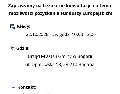 Bogoria: bezpłatne konsultacje o Funduszach Europejskich już 22 października