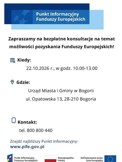 Bogoria: bezpłatne konsultacje o Funduszach Europejskich już 22 października