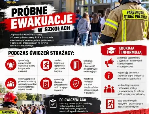 Strażacy z PSP Staszów szkolą uczniów w zakresie ewakuacji i bezpieczeństwa pożarowego