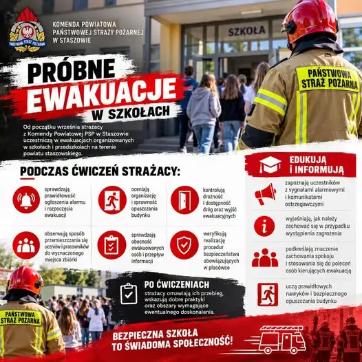 Strażacy z PSP Staszów szkolą uczniów w zakresie ewakuacji i bezpieczeństwa pożarowego