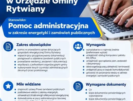 Urząd Gminy Rytwiany szuka pomocy administracyjnej ds. energetyki i zamówień publicznych
