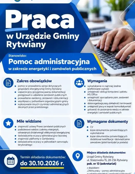 Urząd Gminy Rytwiany szuka pomocy administracyjnej ds. energetyki i zamówień publicznych