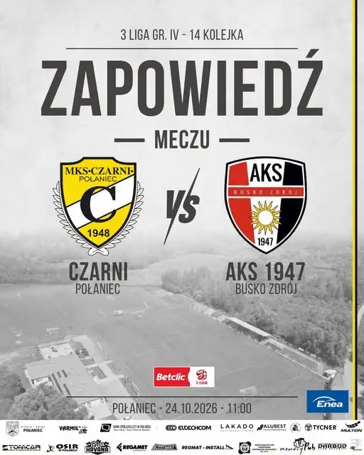 Czarni Połaniec podejmują AKS 1947 Busko-Zdrój w 14. kolejce Betclic 3. Ligi